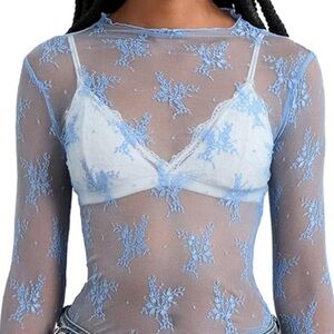 No Comment Blue Floral Lace Sheer Top, Size Large